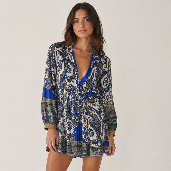 Free People Dresses & Skirts - Free People Boho Paisley Mini Dress Long Sleeve Festival Cottagecore Resort XS
